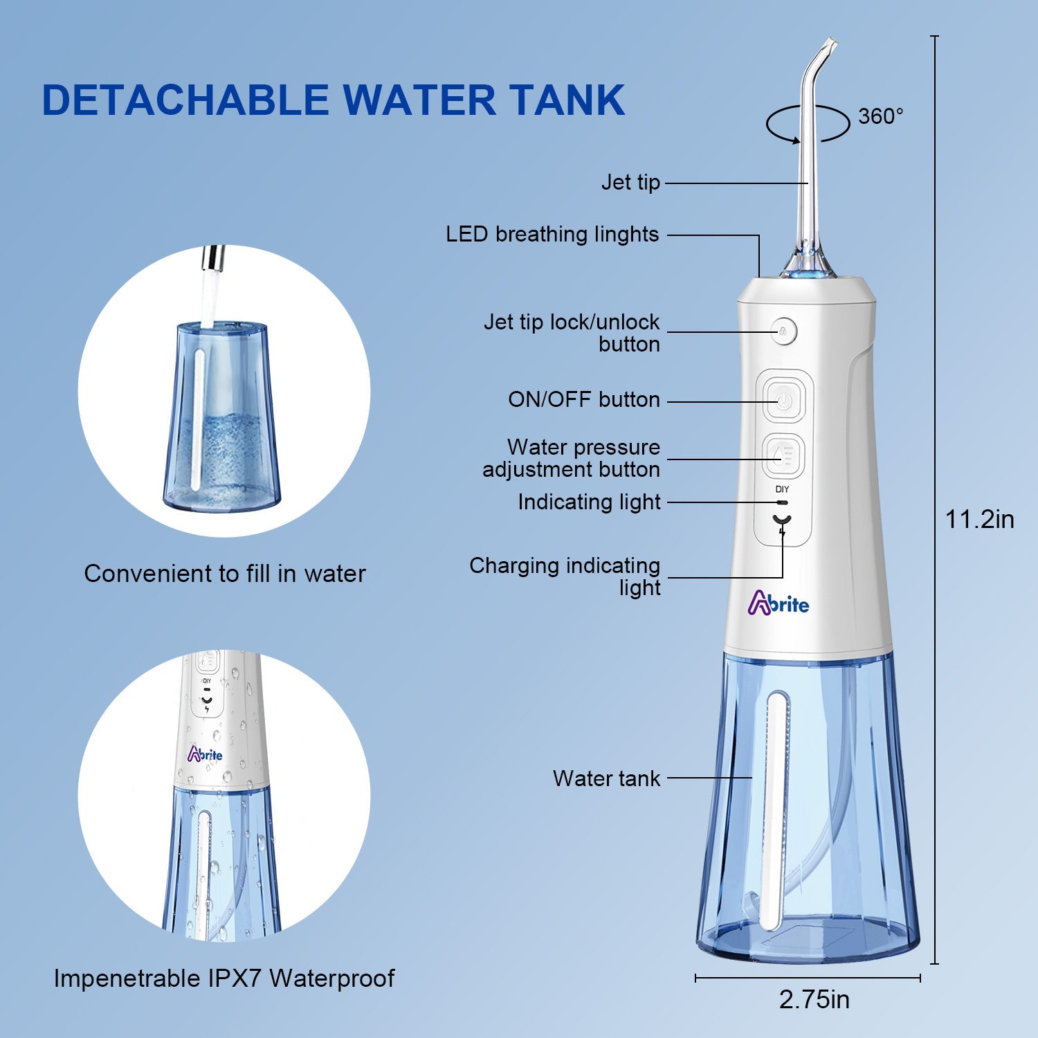 ABrite Cordless Water Flosser Rechargeable Portable Oral Irrigator for travel&home