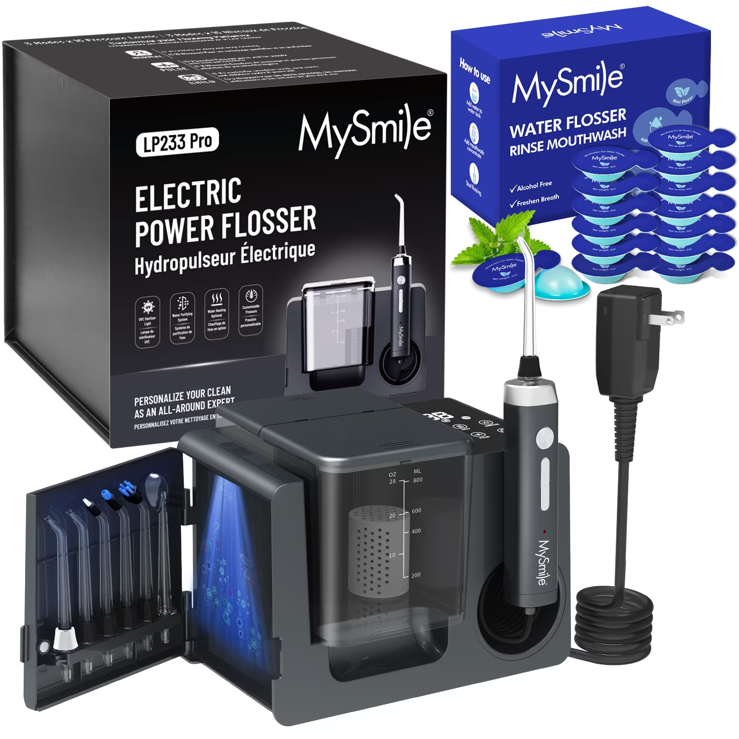 MySmile LP233 PRO 800ML Countertop Water Dental Flosser w/ Water Purifying Light Electric Power Oral Irrigator for Teeth Braces 6 Jet Tips