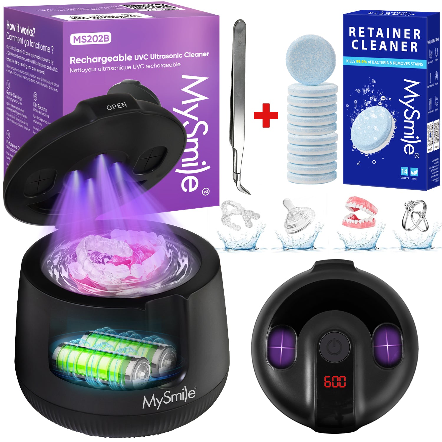 MySmile Portable Ultrasonic Retainer Cleaner UV Dental Cleaning Pod for Denture Cleanser, Aligner, Braces, Mouth Guard,Jewelry, 2 Modes, with Digital Timer