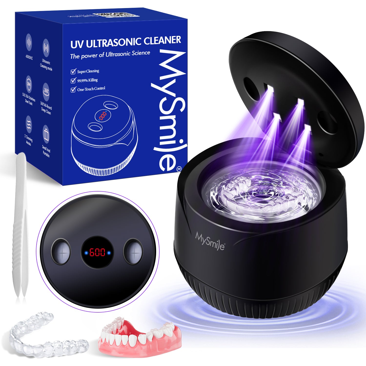 MySmile Portable Ultrasonic Retainer Cleaner UV Dental Cleaning Pod for Denture Cleanser, Aligner, Braces, Mouth Guard,Jewelry, 2 Modes, with Digital Timer