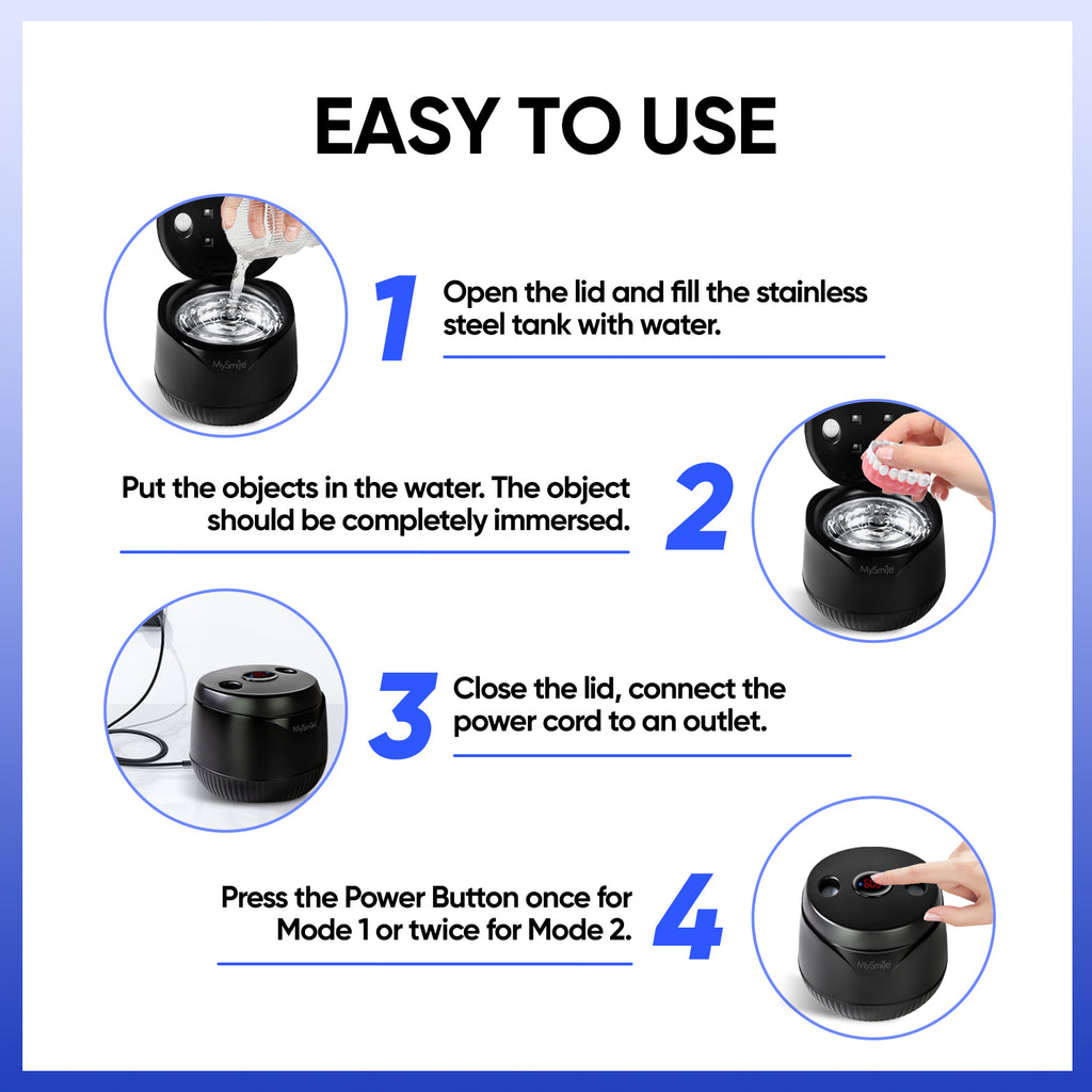 MySmile Portable Ultrasonic Retainer Cleaner UV Dental Cleaning Pod for Denture Cleanser, Aligner, Braces, Mouth Guard,Jewelry, 2 Modes, with Digital Timer