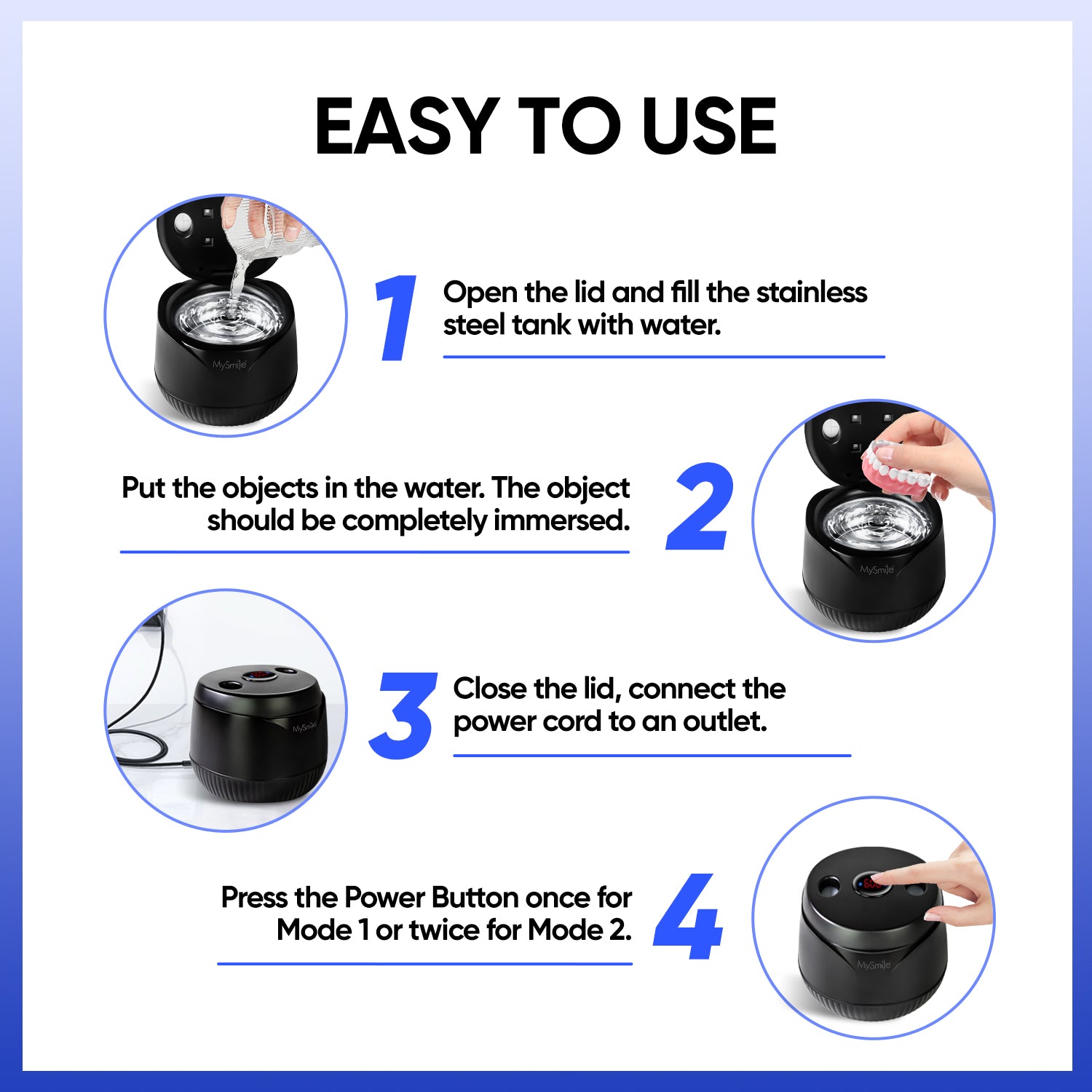 MySmile Portable Ultrasonic Retainer Cleaner UV Dental Cleaning Pod for Denture Cleanser, Aligner, Braces, Mouth Guard,Jewelry, 2 Modes, with Digital Timer