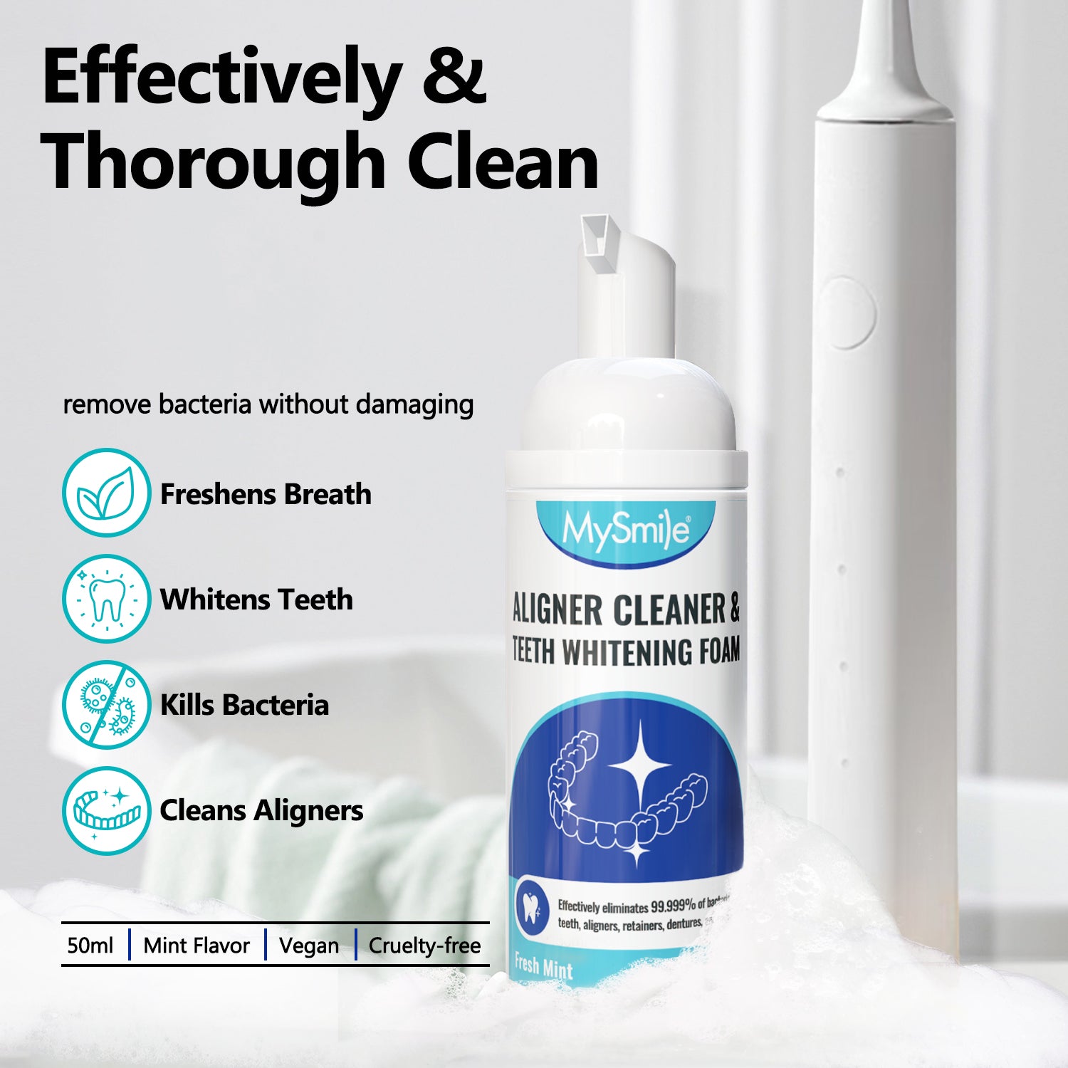 MySmile Aligner & Retainer Cleaner Foam for Invisalign, Mouth Guards, Night Guards, Veneers, Whitens Teeth, Kills Germs, Fights Bad Breath, Travel-Friendly, Fresh Mint
