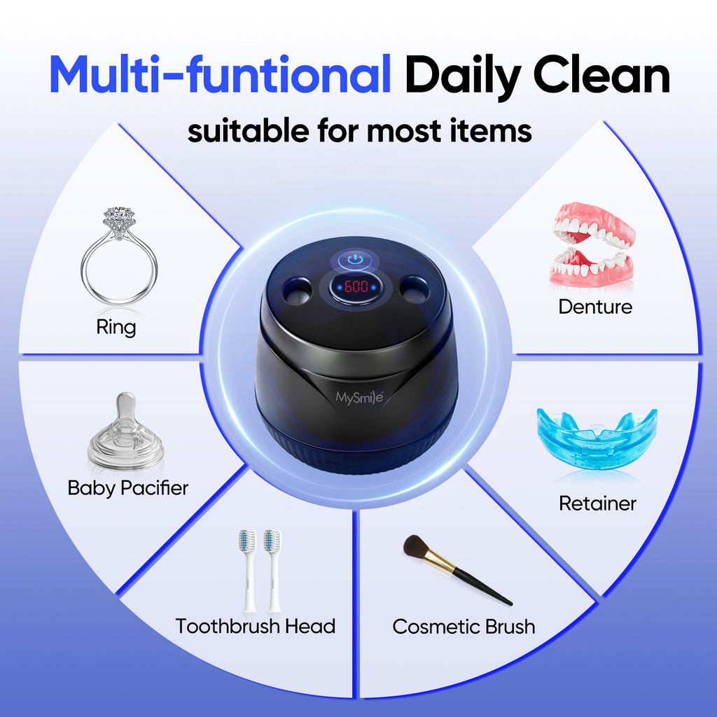 MySmile Portable Ultrasonic Retainer Cleaner UV Dental Cleaning Pod for Denture Cleanser, Aligner, Braces, Mouth Guard,Jewelry, 2 Modes, with Digital Timer