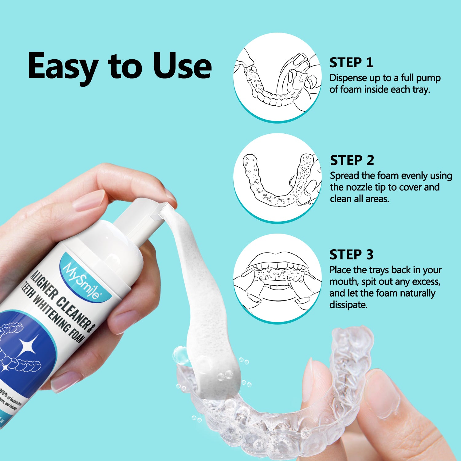 MySmile Aligner & Retainer Cleaner Foam for Invisalign, Mouth Guards, Night Guards, Veneers, Whitens Teeth, Kills Germs, Fights Bad Breath, Travel-Friendly, Fresh Mint