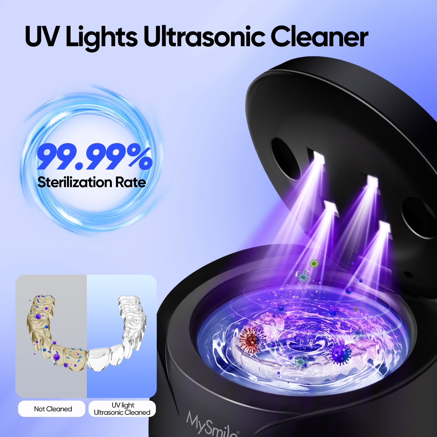 MySmile Portable Ultrasonic Retainer Cleaner UV Dental Cleaning Pod for Denture Cleanser, Aligner, Braces, Mouth Guard,Jewelry, 2 Modes, with Digital Timer