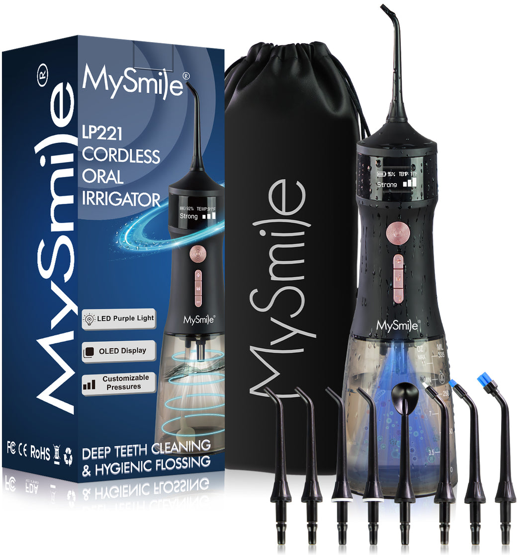 MySmile LP221 Cordless Water Flosser Oral Irrigator for Teeth 335ML Portable OLED Dental Flosser with 4 Modes 8 Jet Tips