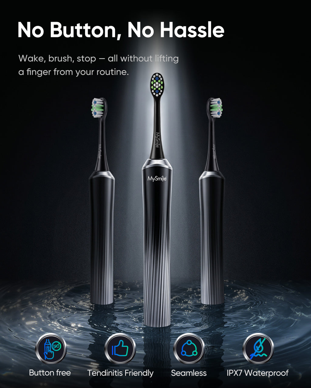 MySmile MS-D59 Button-Free Sonic Electric Toothbrush with Pressure Sensor & Visual Light Ring, Rechargeable Travel Toothbrush for Adults, 1 Toothpaste Sample, IPX7 Waterproof, 3 Heads, Black & Silver