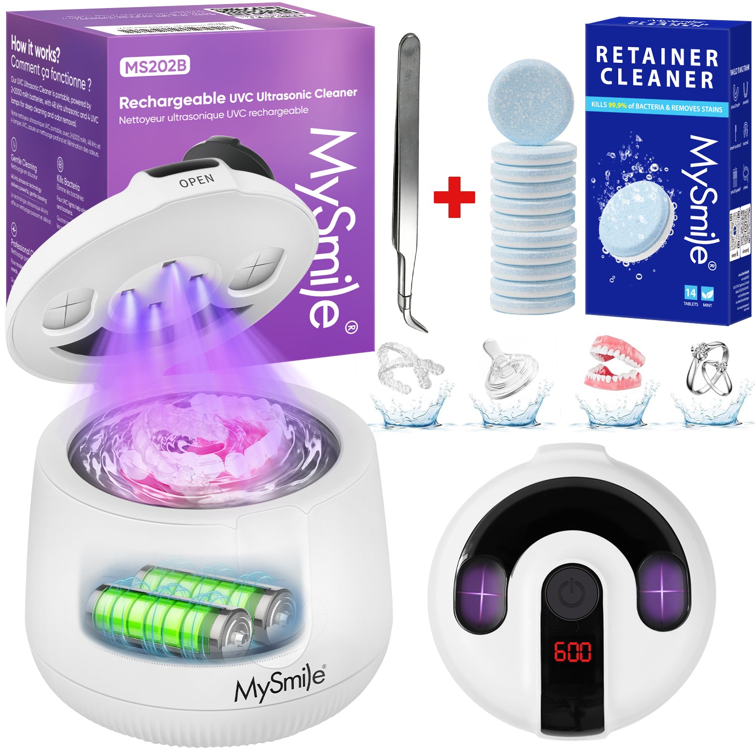 MySmile Portable Ultrasonic Retainer Cleaner UV Dental Cleaning Pod for Denture Cleanser, Aligner, Braces, Mouth Guard,Jewelry, 2 Modes, with Digital Timer
