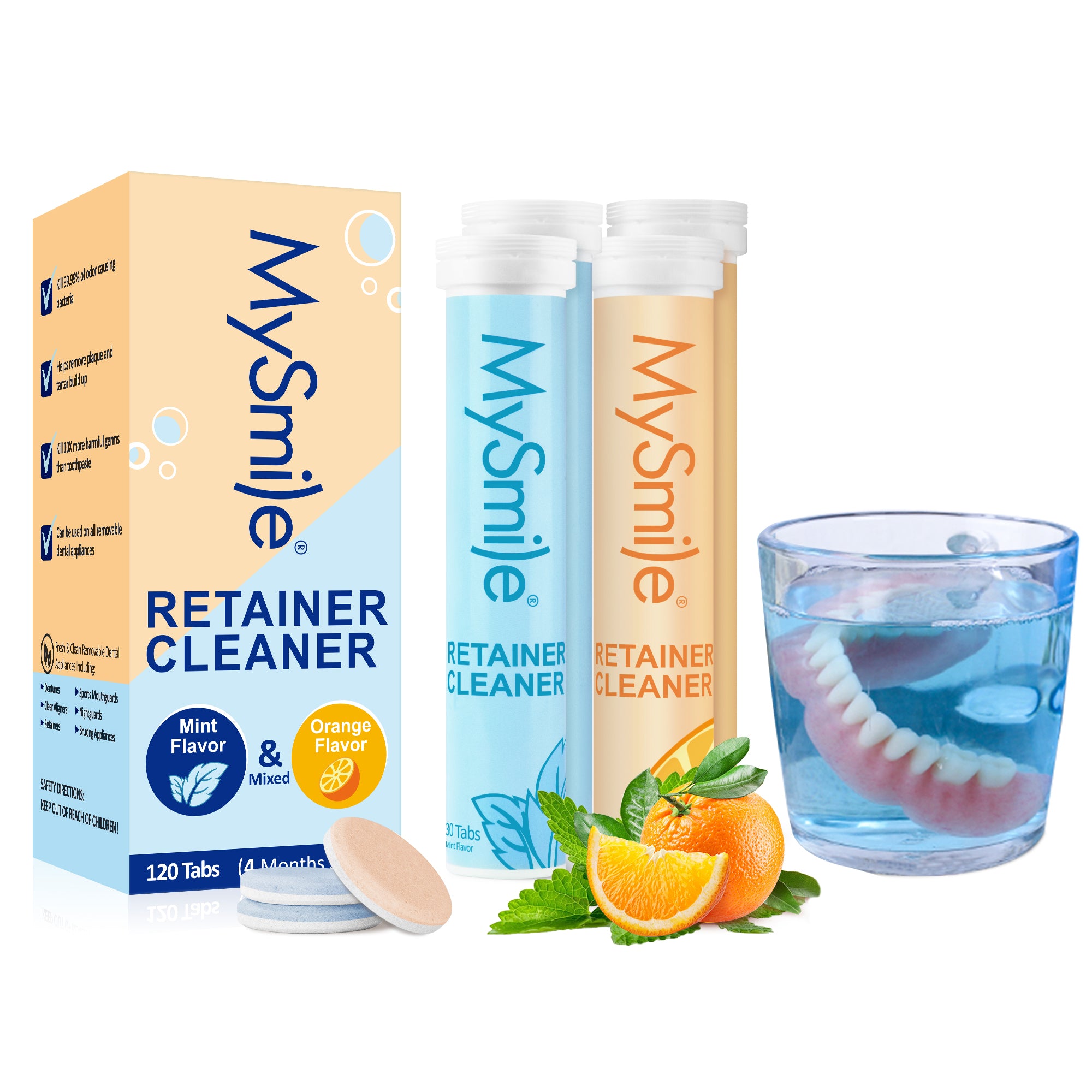MySmile 120pc Retainer Cleaner Denture Cleaning Tablets, 3 Min Faster Denture Cleaner, Help to Remove Stains, Bad Odor, Plaque from Aligner, Invisalign, Mouth Guard, Night Guard