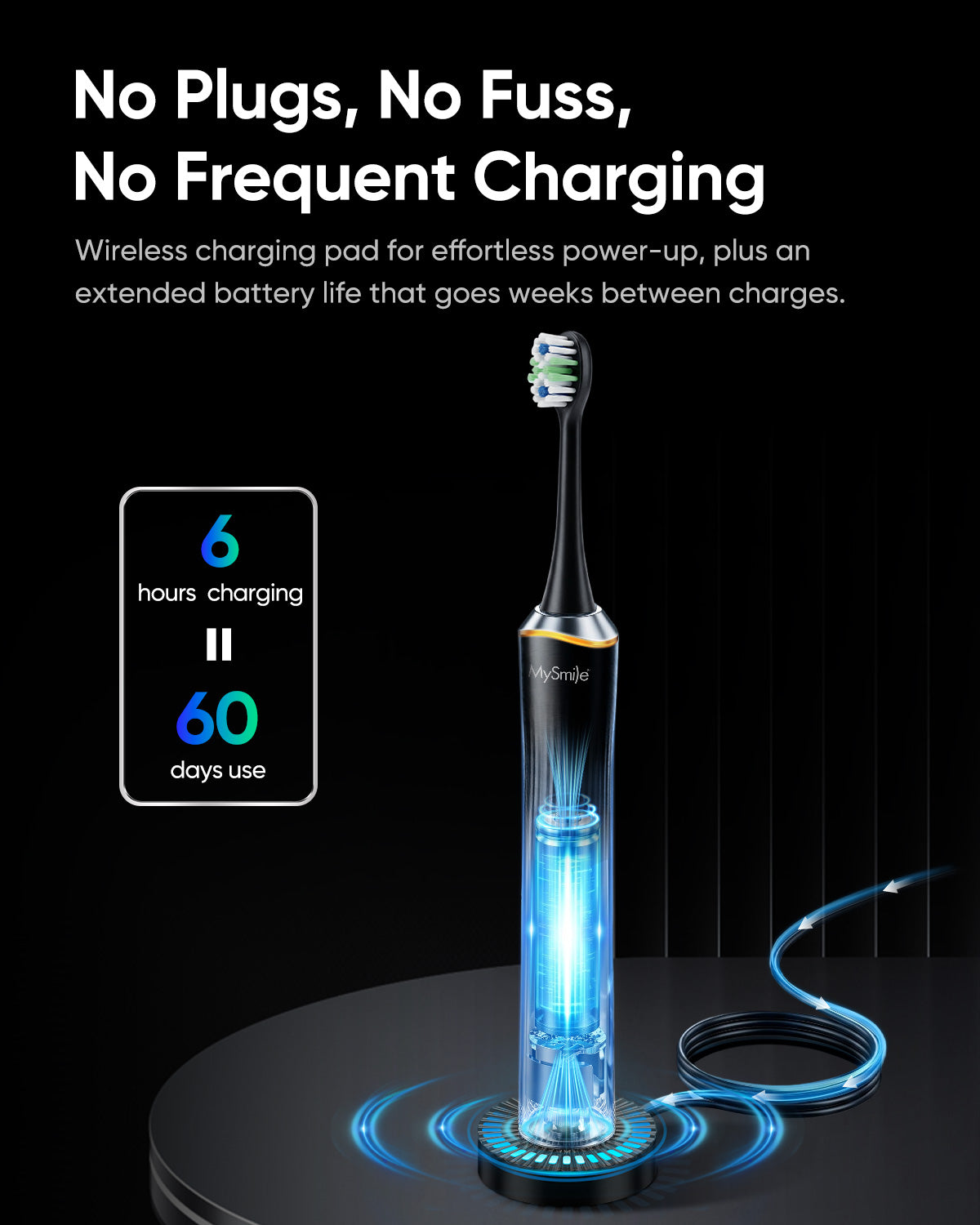 MySmile MS-D59 Button-Free Sonic Electric Toothbrush with Pressure Sensor & Visual Light Ring, Rechargeable Travel Toothbrush for Adults, 1 Toothpaste Sample, IPX7 Waterproof, 3 Heads, Black & Silver
