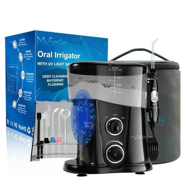 MySmile 1000ML Countertop Water Dental Flosser Teeth Cleaner 10 Settings Electric Power Oral Irrigator with Blue Light Storage Bag and 7 Jet Tips