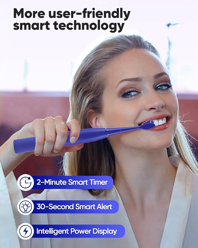 MySmile DY156 Sonic Electric Toothbrush with 3 Brush Heads for Adults, Rechargeable Battery Toothbrush, 2 Mins 5 Modes Smart Timer, 45000VPM, On Charge for 60 Days