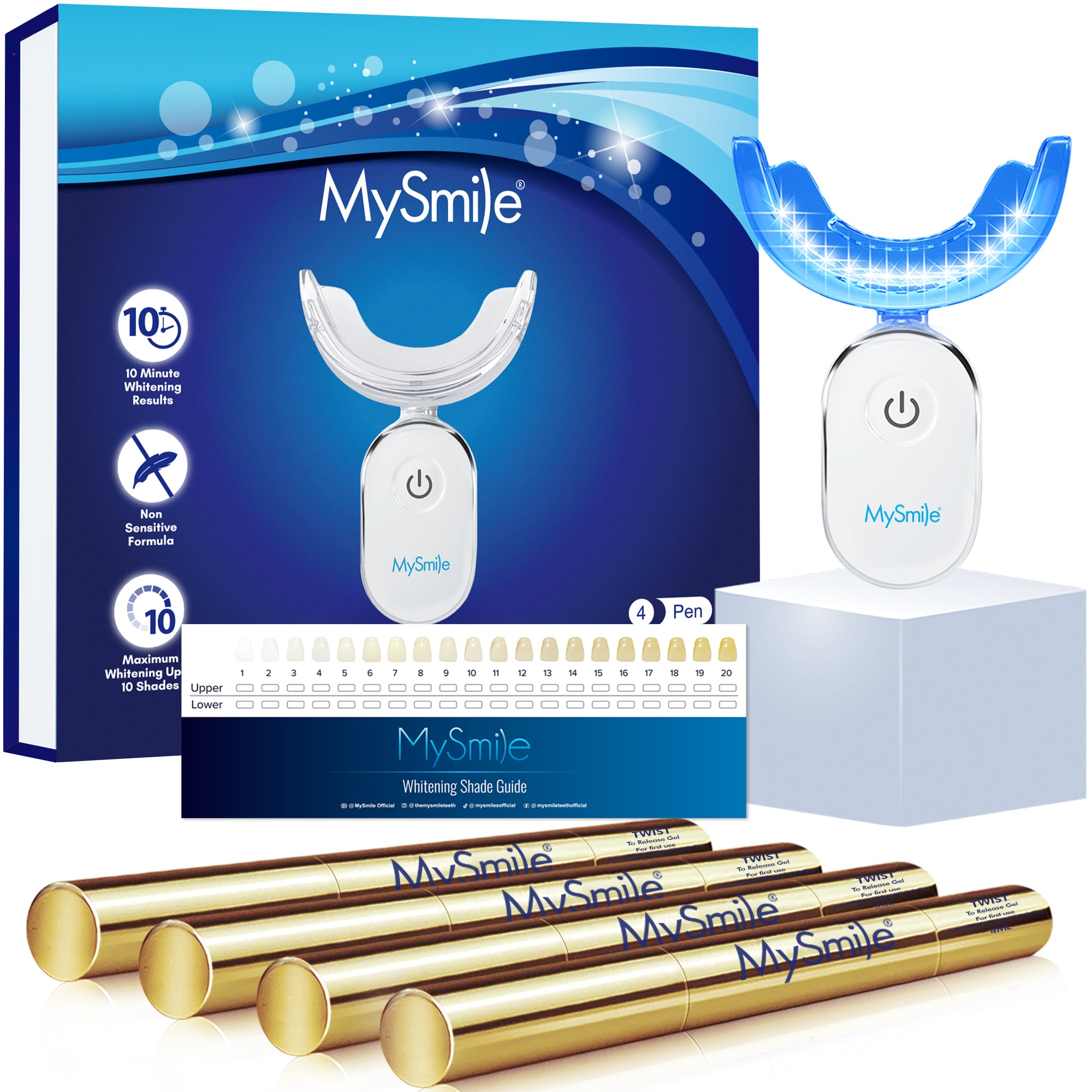 MySmile 4pc Deluxe Professional Teeth Whitening Pen Kit with 28-LED Light Tray, Mint Flavor 3x2ml 22%CP , 1x2ml 35%CP Teeth Whitening Gel, Remove Teeth Coffee Stain