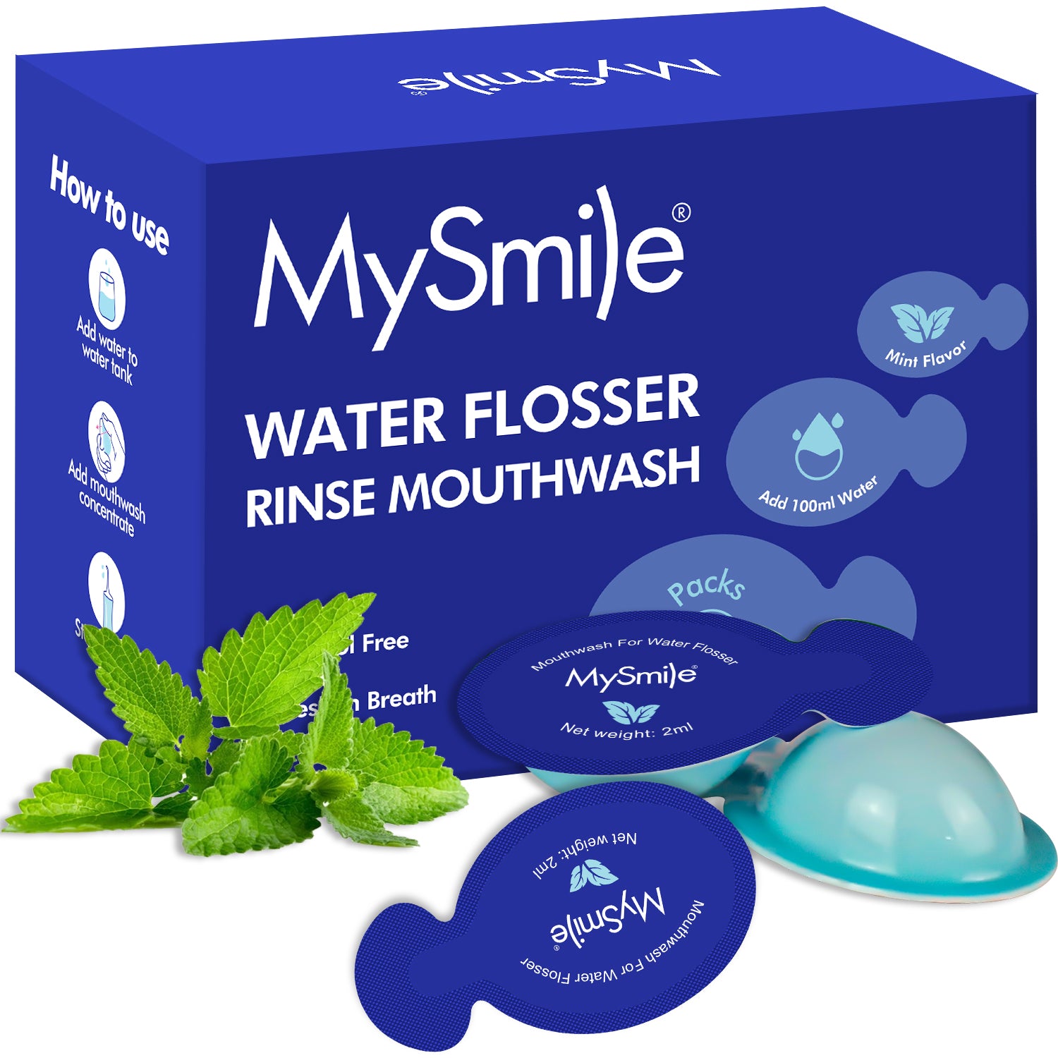 MySmile 30 Travel Case Concentrated Mouthwash for Water Flosser Oral Rinse Oral Irrigator Solution Brightens Enamel Fights Bad Breath Fresh Mint, Alcohol Free