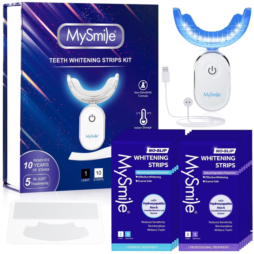 MySmie 28PC 6%HP Teeth Whitening Strips Kit with 28-LED Light Tray Stain Removal