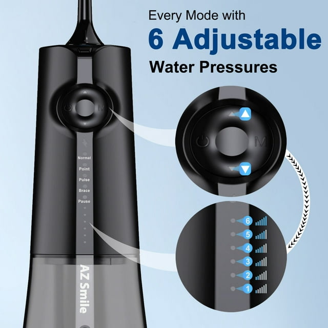 AZSmile Portable Pulse Oral Irrigator with 8 Tips Dental Water Flosser Waterproof Oral Hygiene Flossing 250ml DIY Adjustable Water Floss Pressure