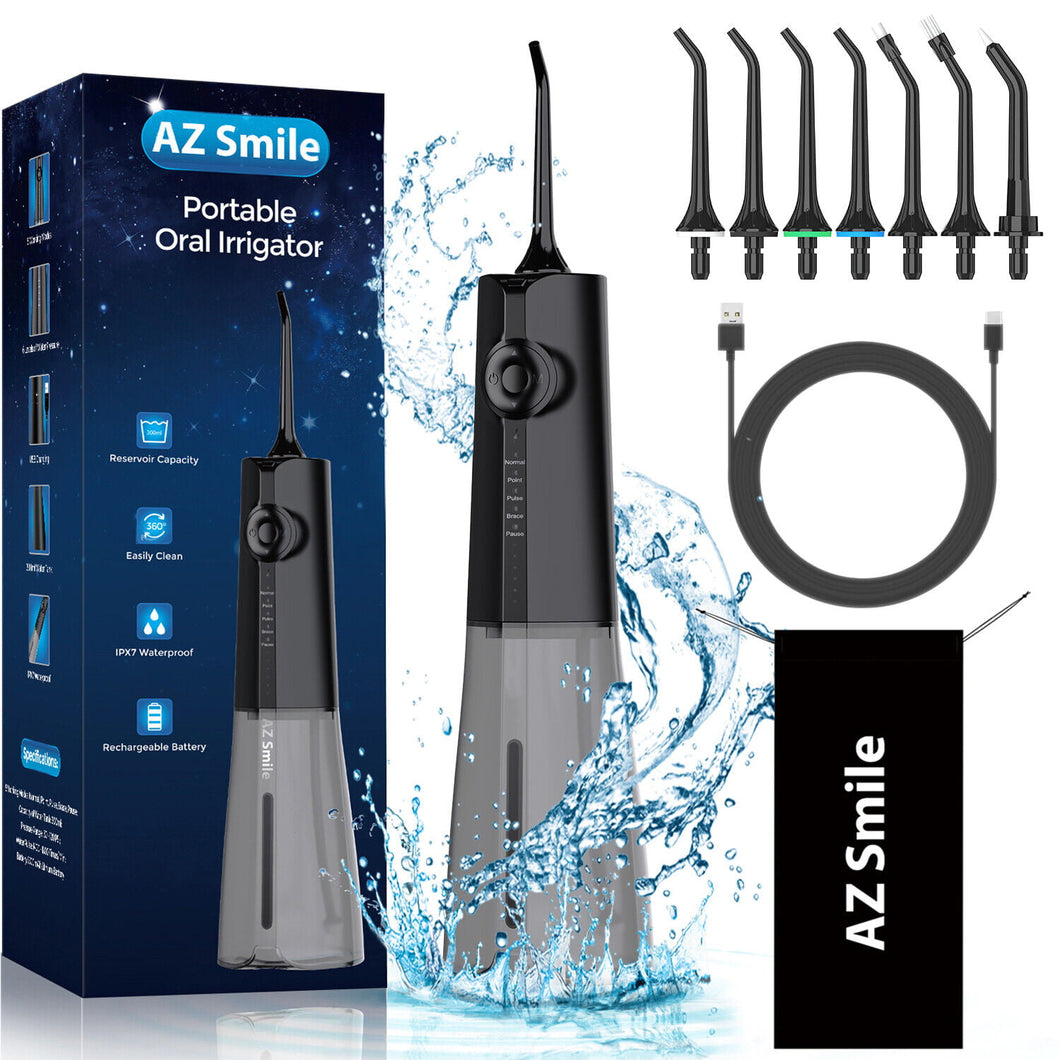 AZSmile Portable Pulse Oral Irrigator with 8 Tips Dental Water Flosser Waterproof Oral Hygiene Flossing 250ml DIY Adjustable Water Floss Pressure