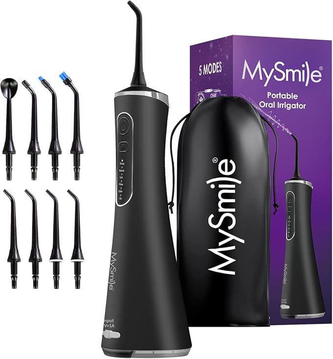 New MySmile LP211 Cordless Water Flossers, Portable Rechargeable Oral Irrigator for Teeth Cleaning, 5 Cleaning Modes, IPX7 Waterproof, 8 Replacement Tips and a Storage Pouch
