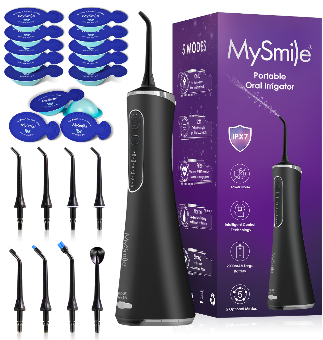 New MySmile LP211 Cordless Water Flosser with 30pc Travel Mouthwash Combo, Portable Rechargeable Oral Irrigator for Teeth Cleaning, 5 Cleaning Modes, IPX7 Waterproof, 8 Replacement Tips and a Storage Pouch