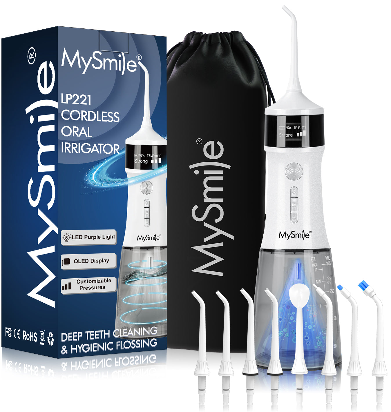 MySmile LP221 Cordless Water Flosser Oral Irrigator for Teeth 335ML Portable OLED Dental Flosser with 4 Modes 8 Jet Tips