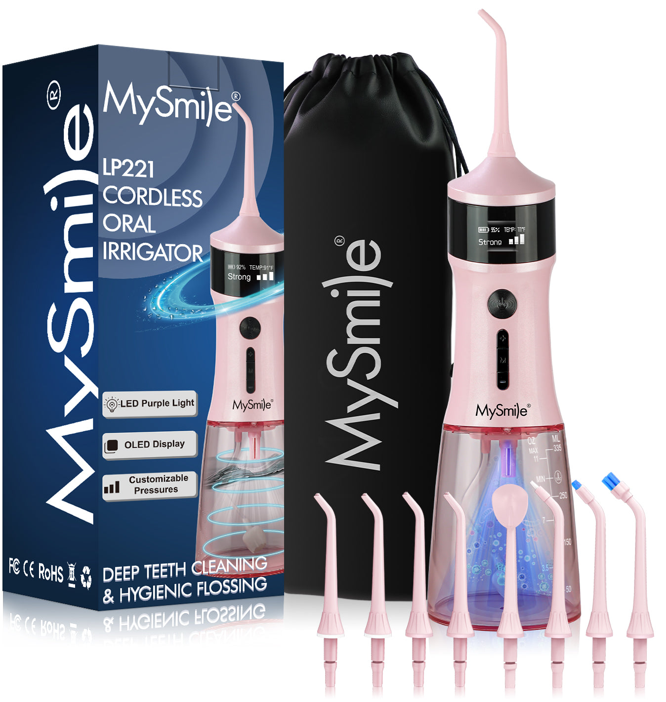 MySmile LP221 Cordless Water Flosser Oral Irrigator for Teeth 335ML Portable OLED Dental Flosser with 4 Modes 8 Jet Tips