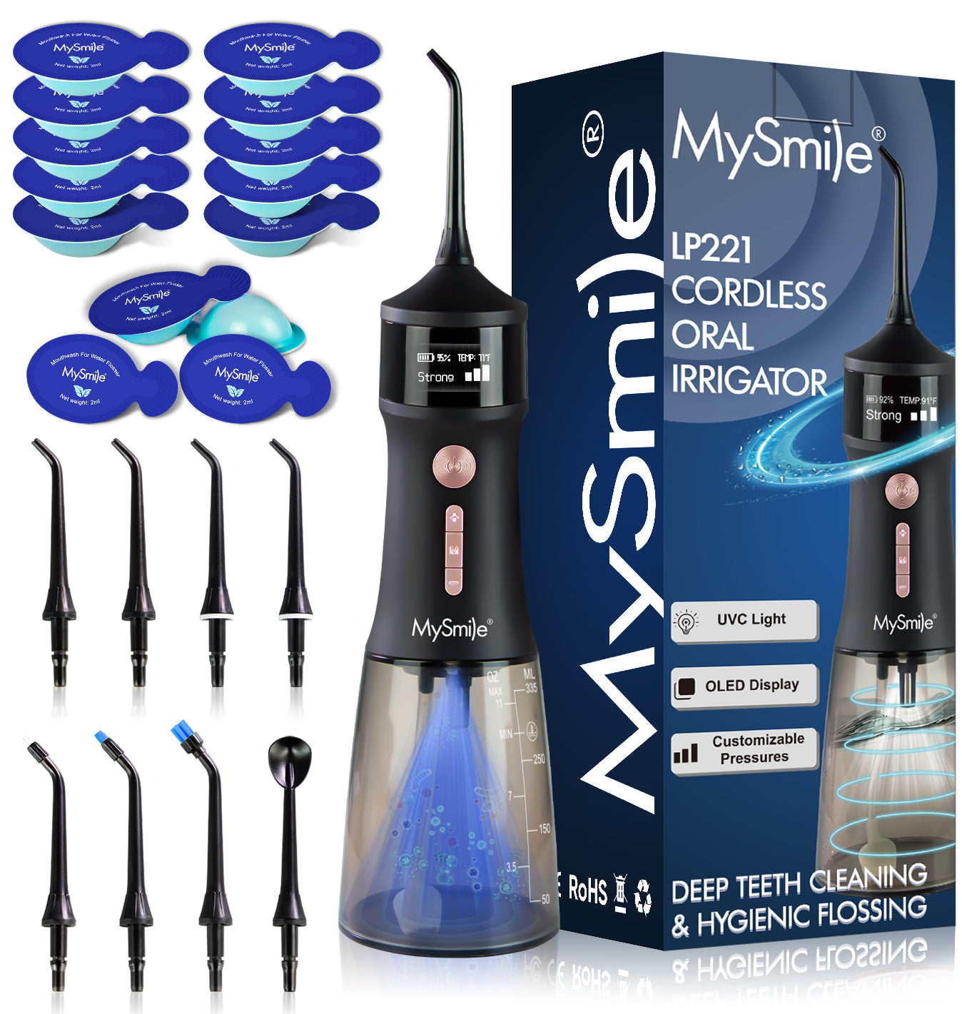 MySmile LP221 Cordless Water Flosser Oral Irrigator for Teeth 335ML Portable OLED Dental Flosser with 4 Modes 8 Jet Tips
