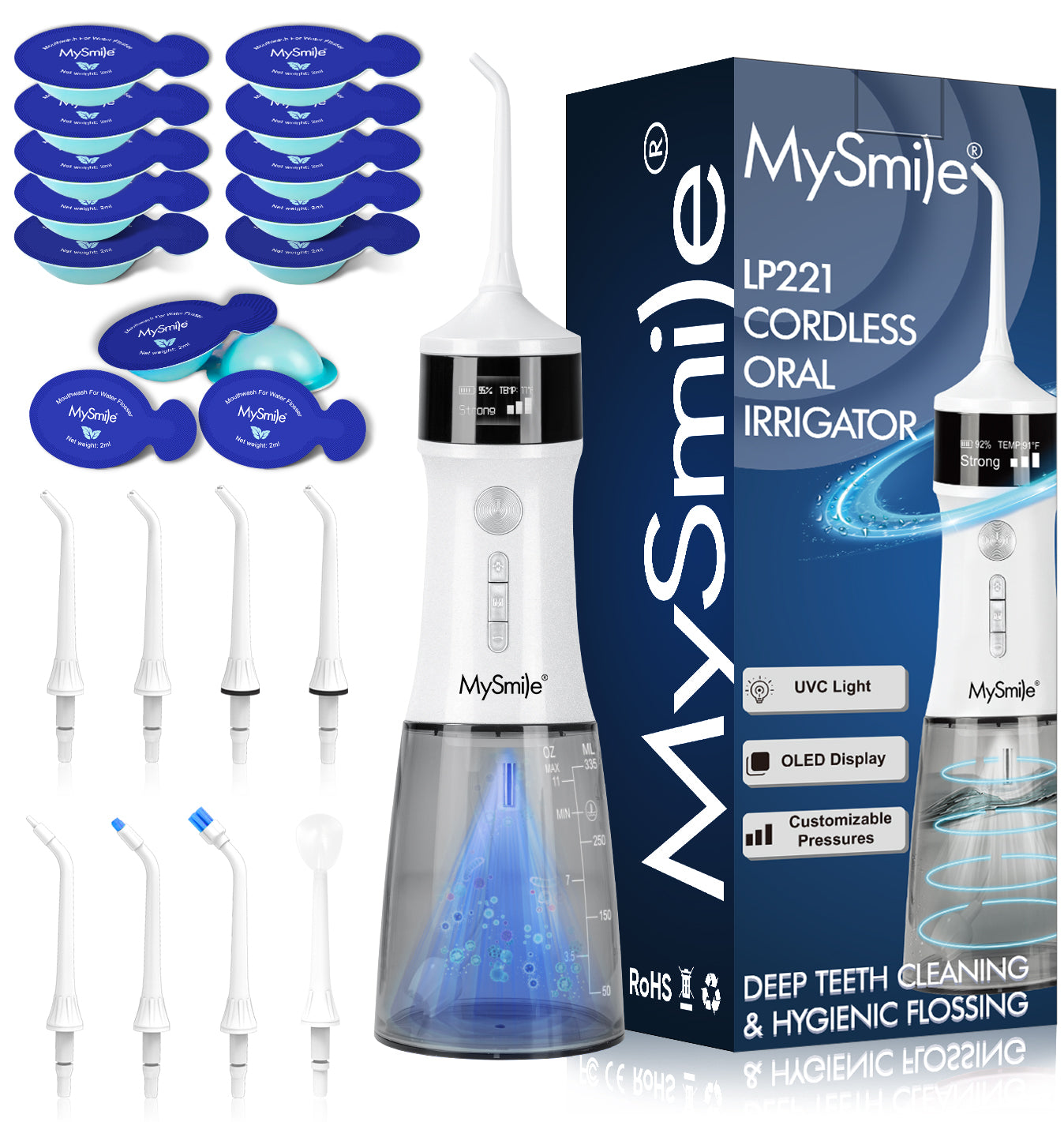 MySmile LP221 Cordless Water Flosser Oral Irrigator for Teeth 335ML Portable OLED Dental Flosser with 4 Modes 8 Jet Tips