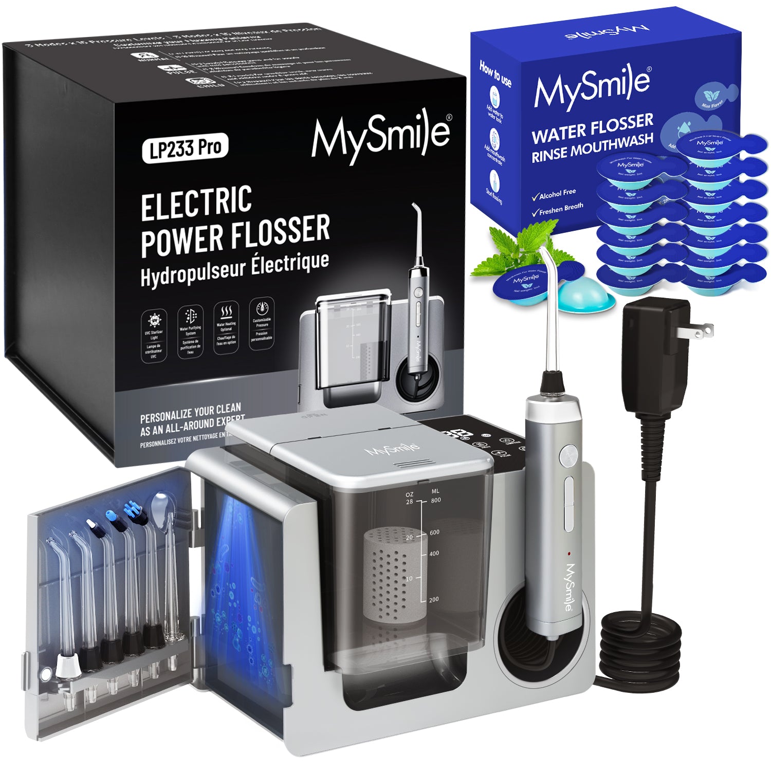 MySmile LP233 PRO 800ML Countertop Water Dental Flosser w/ Water Purifying Light Electric Power Oral Irrigator for Teeth Braces 6 Jet Tips