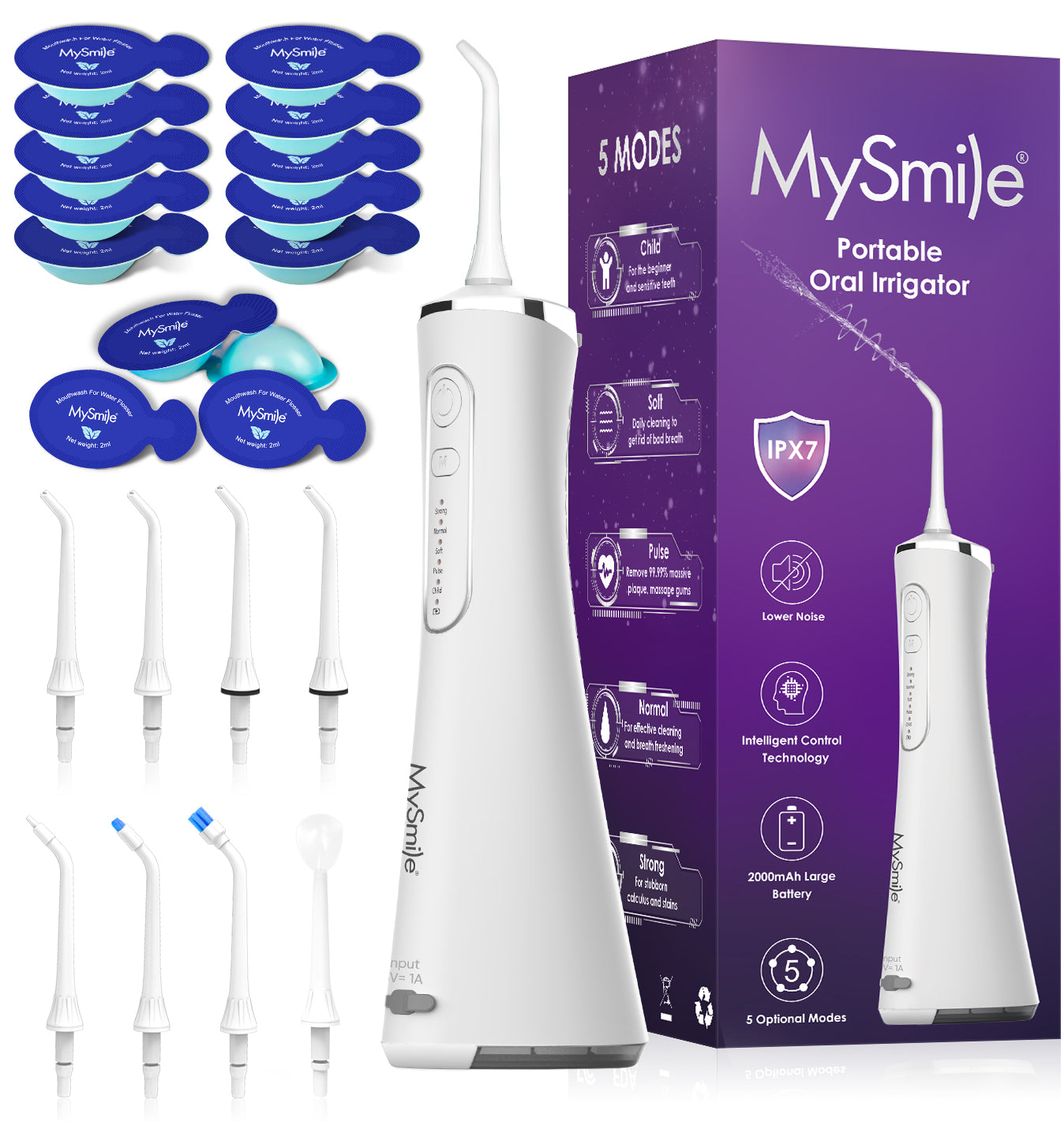 New MySmile LP211 Cordless Water Flosser with 30pc Travel Mouthwash Combo, Portable Rechargeable Oral Irrigator for Teeth Cleaning, 5 Cleaning Modes, IPX7 Waterproof, 8 Replacement Tips and a Storage Pouch