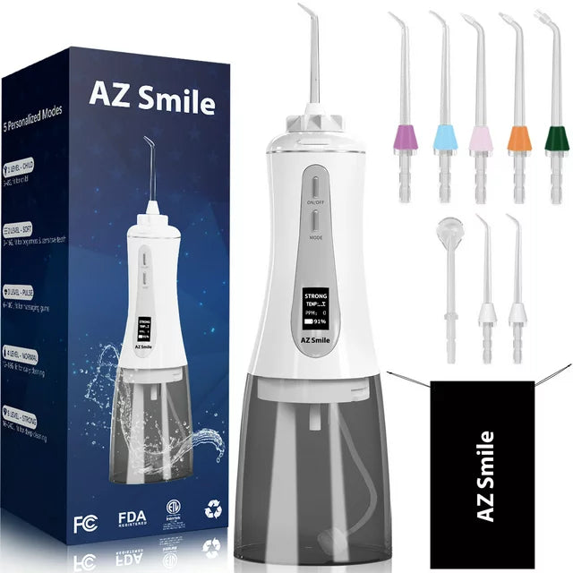 AZSmile Portable Pulse Oral Irrigator with 8 Tips Dental Water Flosser Waterproof Oral Hygiene Flossing 250ml DIY Adjustable Water Floss Pressure