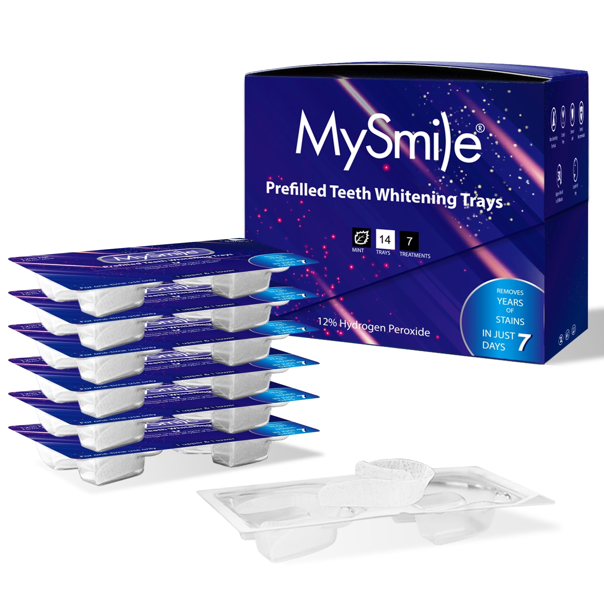 MySmile 14PC Teeth Whitening Tray Kit - 12% Hydrogen Peroxide Teeth Whitening Gel Cool Mint Flavor, 7 Treatment