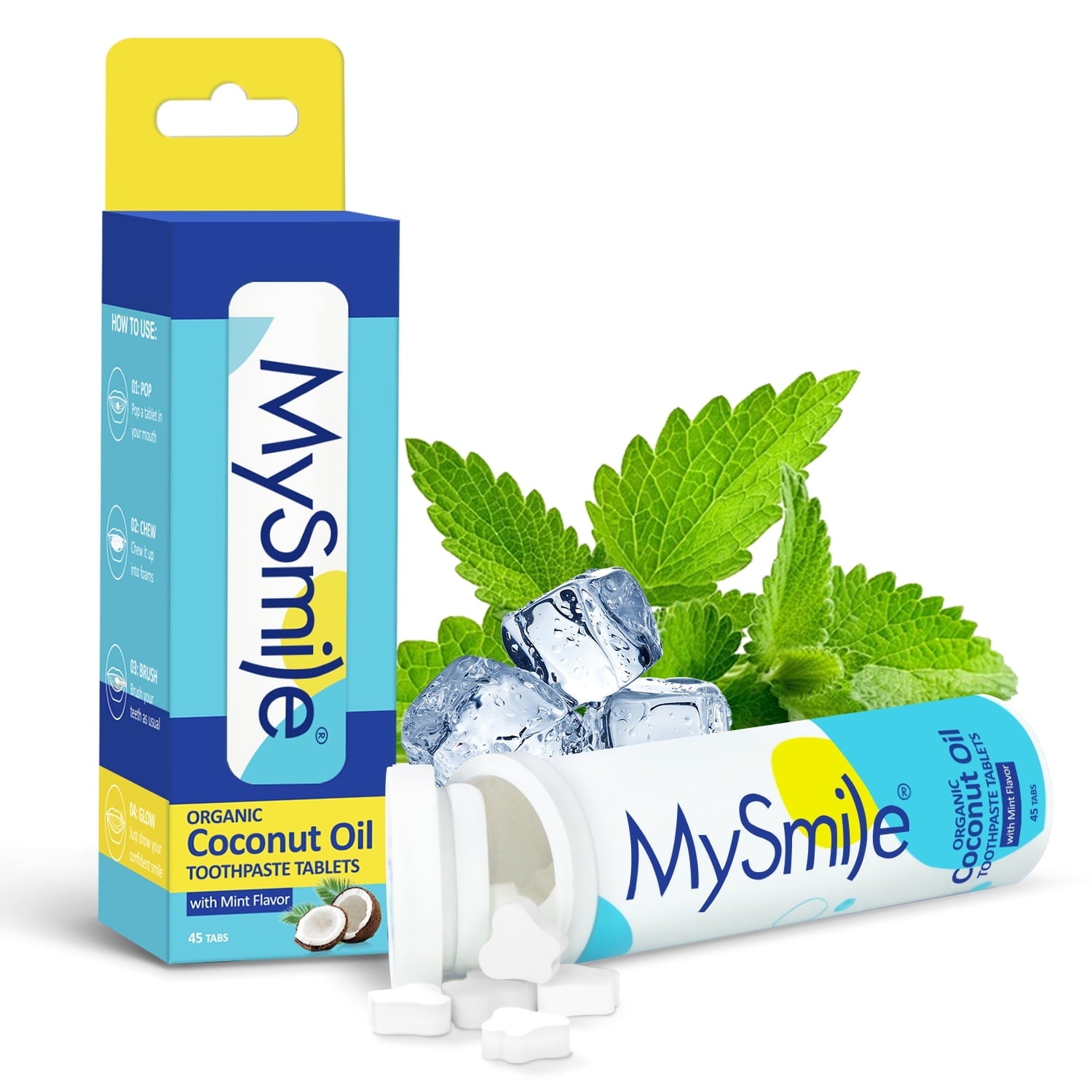 MySmile 45pc Teeth Whitening Toothpaste Tablets, Mint Flavor, Flouride Free, Organic Coconut Oil Travel Mouthwash Tablets,Non Sensitive Toothpaste Bites