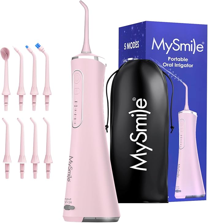 New MySmile LP211 Cordless Water Flossers, Portable Rechargeable Oral Irrigator for Teeth Cleaning, 5 Cleaning Modes, IPX7 Waterproof, 8 Replacement Tips and a Storage Pouch