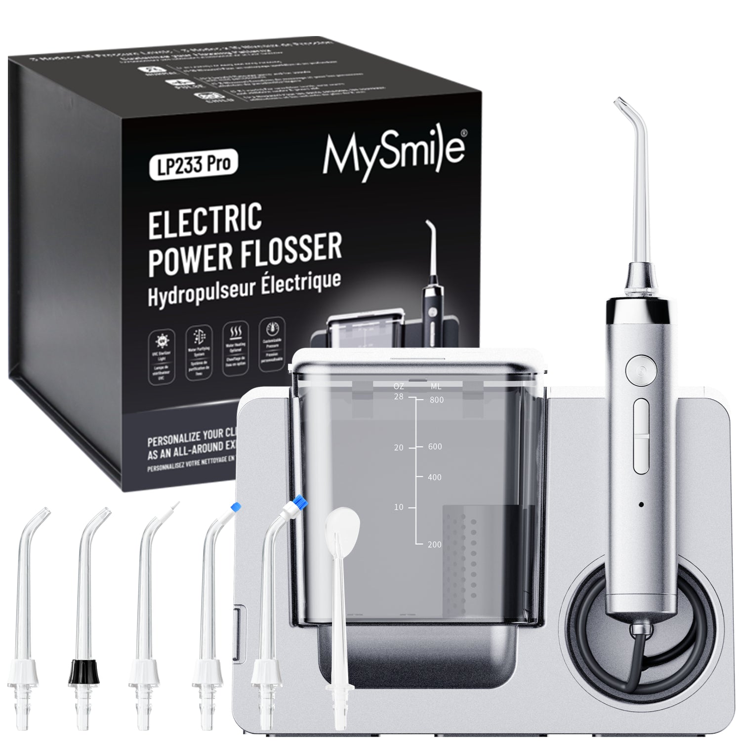 MySmile LP233 PRO 800ML Countertop Water Dental Flosser w/ Water Purifying Light Electric Power Oral Irrigator for Teeth Braces 6 Jet Tips