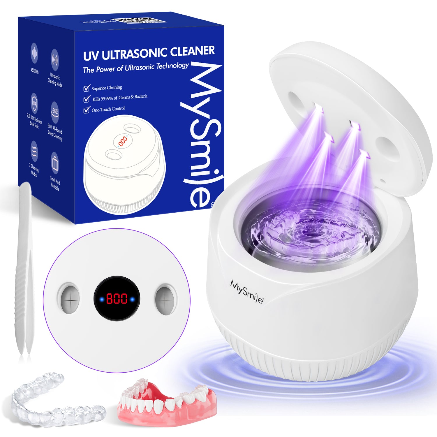 MySmile Portable Ultrasonic Retainer Cleaner UV Dental Cleaning Pod for Denture Cleanser, Aligner, Braces, Mouth Guard,Jewelry, 2 Modes, with Digital Timer