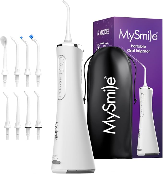 New MySmile LP211 Cordless Water Flossers, Portable Rechargeable Oral Irrigator for Teeth Cleaning, 5 Cleaning Modes, IPX7 Waterproof, 8 Replacement Tips and a Storage Pouch