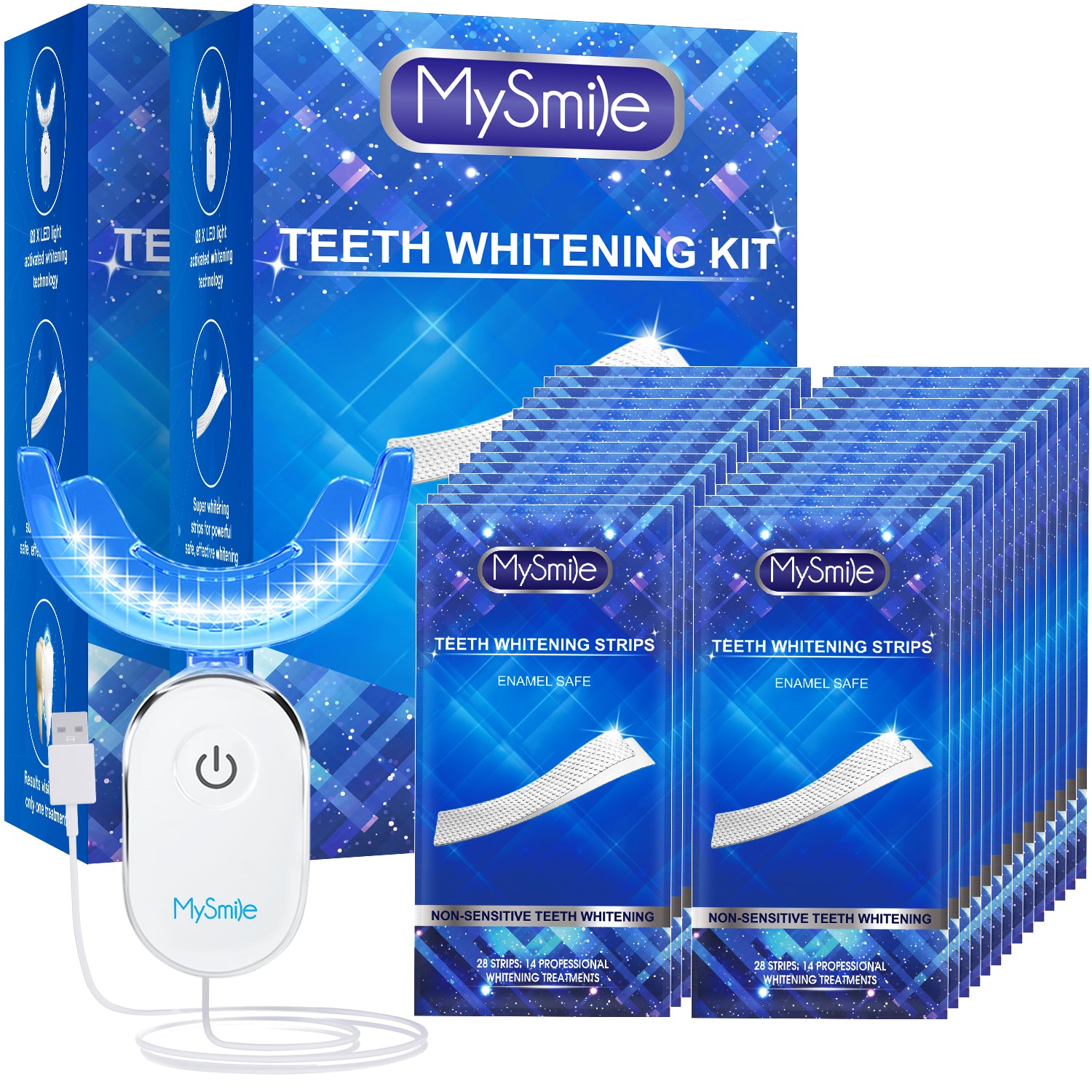 MySmile 2Packs Teeth Whitening Strips Kit with 28 LED Light 56PC Teeth White Strips