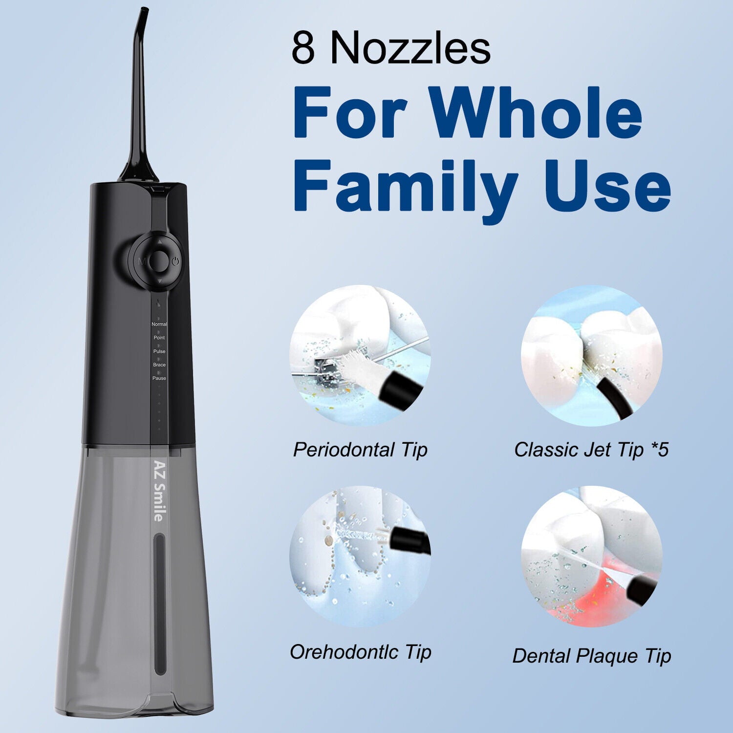 AZSmile Portable Pulse Oral Irrigator with 8 Tips Dental Water Flosser Waterproof Oral Hygiene Flossing 250ml DIY Adjustable Water Floss Pressure
