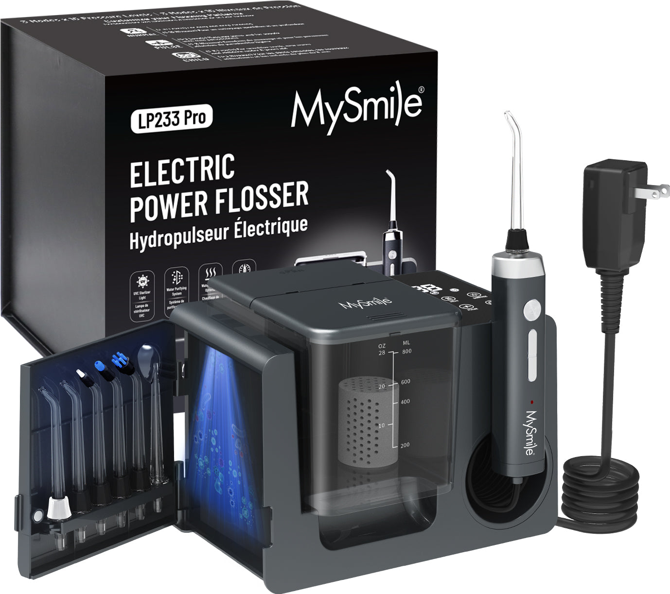MySmile LP233 PRO 800ML Countertop Water Dental Flosser w/ Water Purifying Light Electric Power Oral Irrigator for Teeth Braces 6 Jet Tips