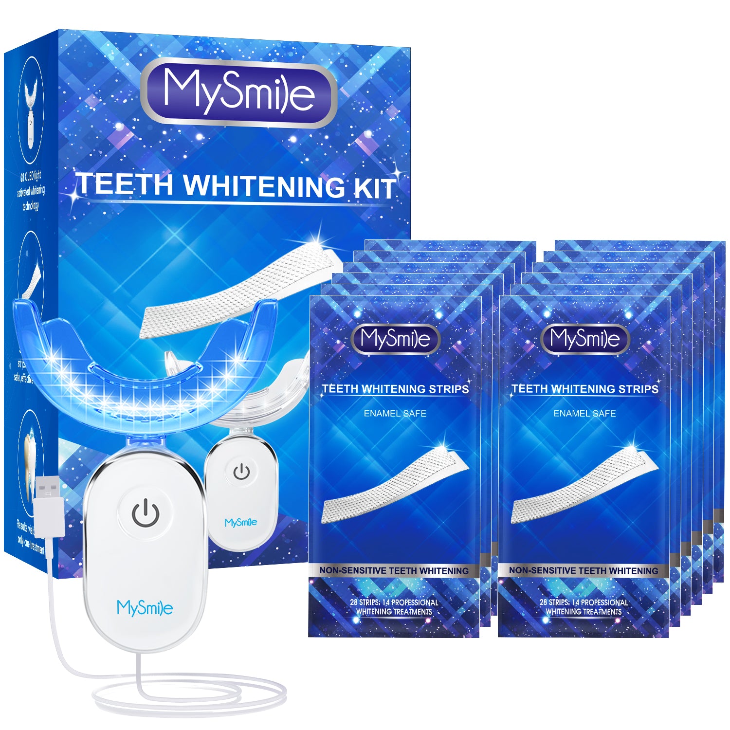 MySmile 2Packs Teeth Whitening Strips Kit with 28 LED Light 56PC Teeth White Strips