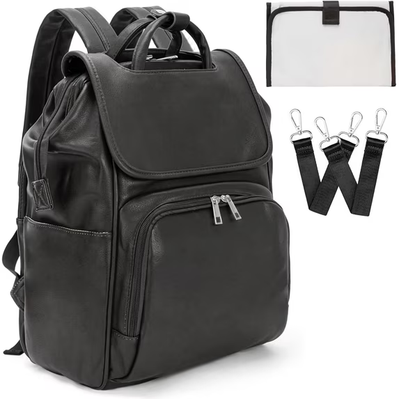 PU Leather Baby Diaper Bag Large Nappy Backpack with Changing Pad Bottler Warmer