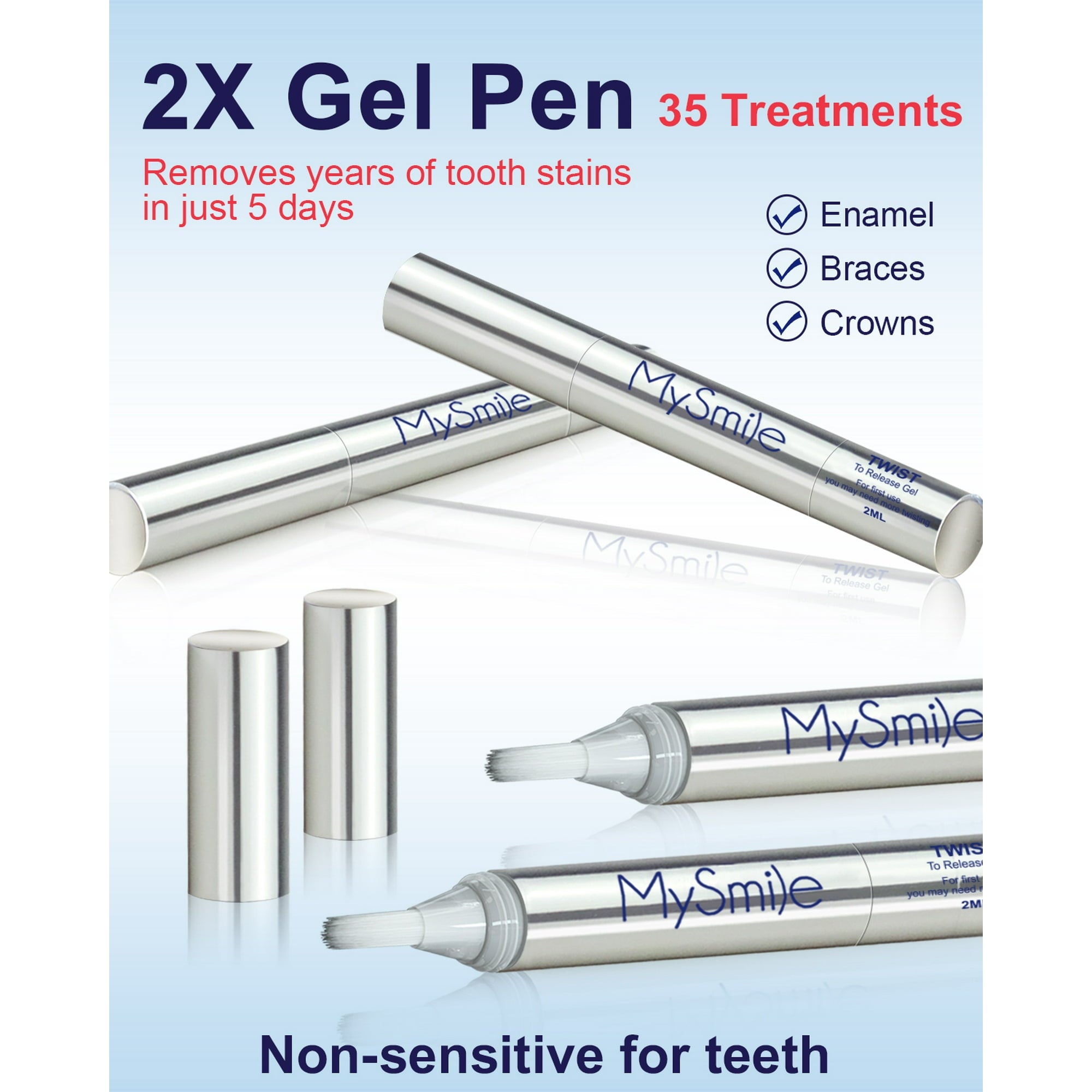 MySmile 2pc 8ml Teeth Whitening Pen Kit,22%CP Teeth Whitening Gel Refill Removes Years Tooth Stains Tooth Whitener 35 Treatments Non Sensitive