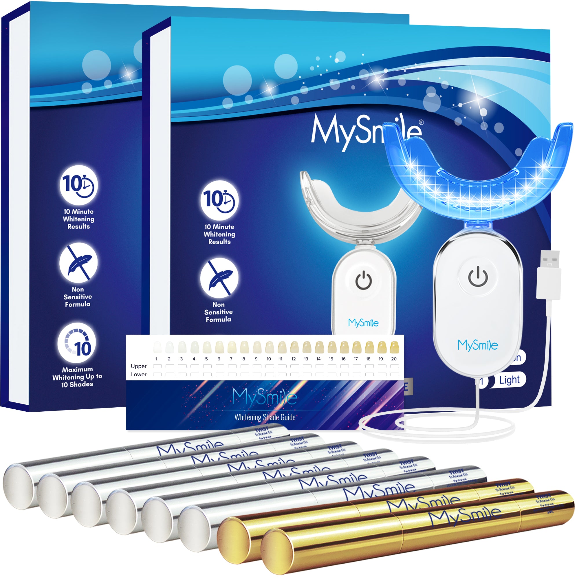MySmile 4pc Deluxe Professional Teeth Whitening Pen Kit with 28-LED Light Tray, Mint Flavor 3x2ml 22%CP , 1x2ml 35%CP Teeth Whitening Gel, Remove Teeth Coffee Stain