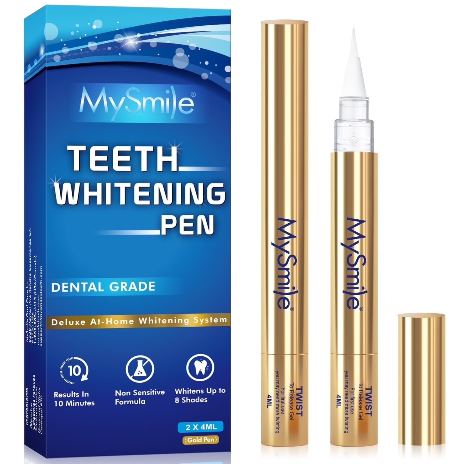 MySmile 4pc Deluxe Professional Teeth Whitening Pen Kit with 28-LED Light Tray, Mint Flavor 3x2ml 22%CP , 1x2ml 35%CP Teeth Whitening Gel, Remove Teeth Coffee Stain