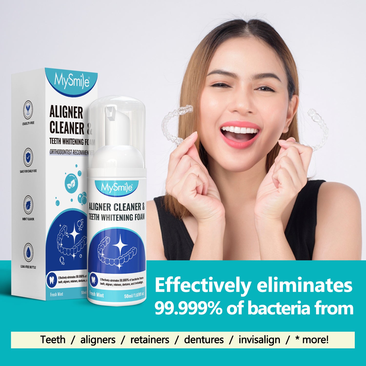 MySmile Aligner & Retainer Cleaner Foam for Invisalign, Mouth Guards, Night Guards, Veneers, Whitens Teeth, Kills Germs, Fights Bad Breath, Travel-Friendly, Fresh Mint