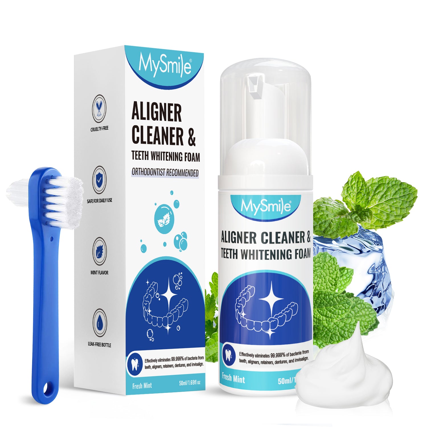 MySmile Aligner & Retainer Cleaner Foam for Invisalign, Mouth Guards, Night Guards, Veneers, Whitens Teeth, Kills Germs, Fights Bad Breath, Travel-Friendly, Fresh Mint