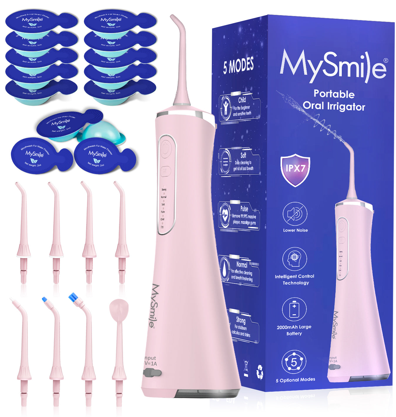 New MySmile LP211 Cordless Water Flosser with 30pc Travel Mouthwash Combo, Portable Rechargeable Oral Irrigator for Teeth Cleaning, 5 Cleaning Modes, IPX7 Waterproof, 8 Replacement Tips and a Storage Pouch