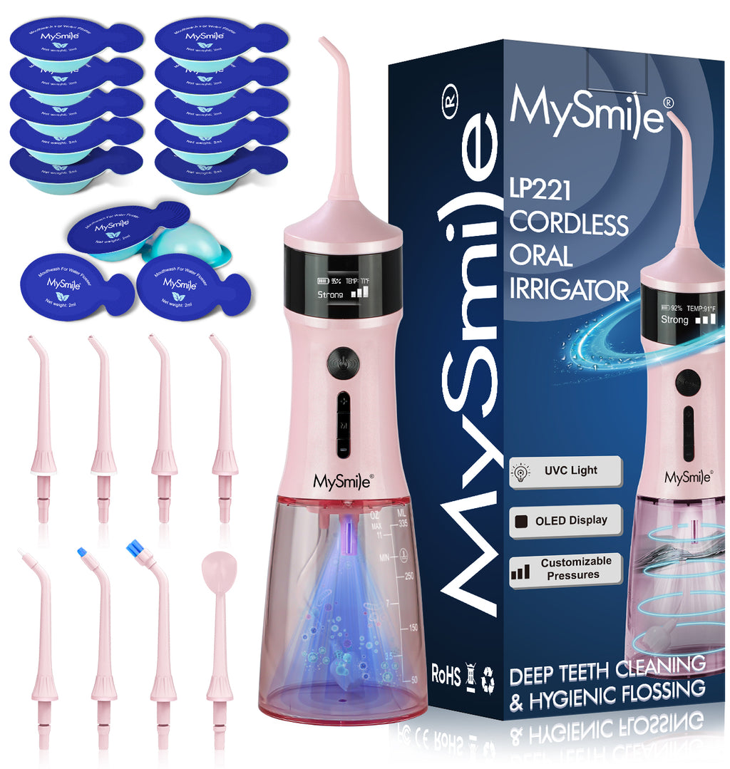 MySmile LP221 Cordless Water Flosser Oral Irrigator for Teeth 335ML Portable OLED Dental Flosser with 4 Modes 8 Jet Tips