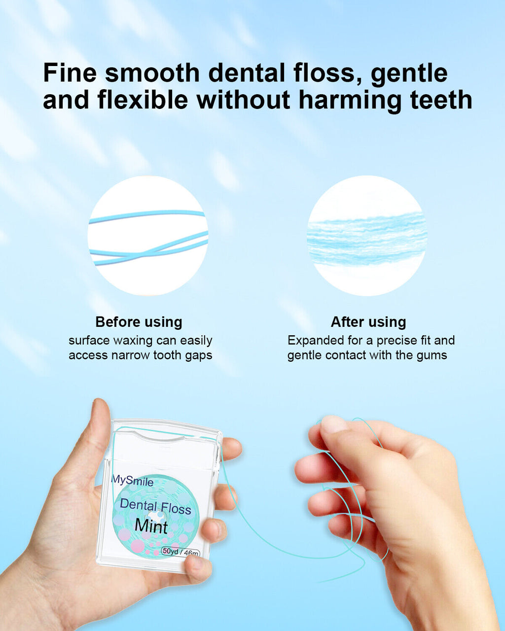 MySmile 2pc 50yd Expanding Deep Clean Cool Mint Waxed Dental Floss Picks Floss Threader for Braces Bridge Implant